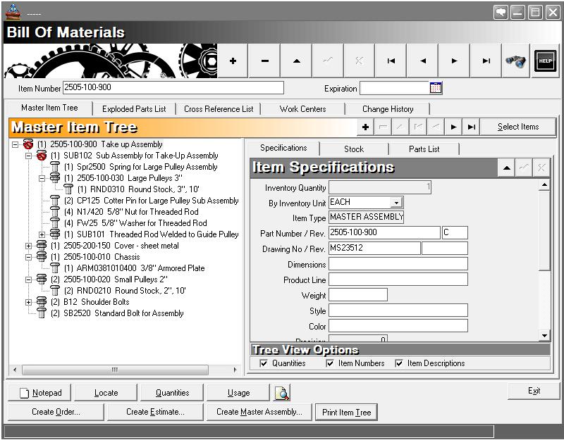 Bill of material software for manufacturing