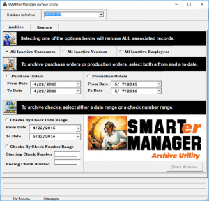 Archive and Restore Manufacturing Data, SMARTer Manager Archive Restore for manufacturing databases