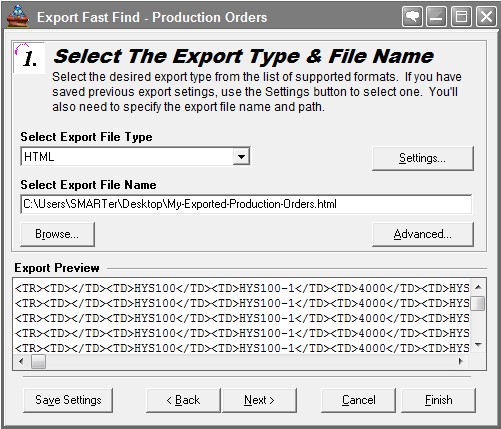 erp data import export wizard, Export wizard for manufacturing software